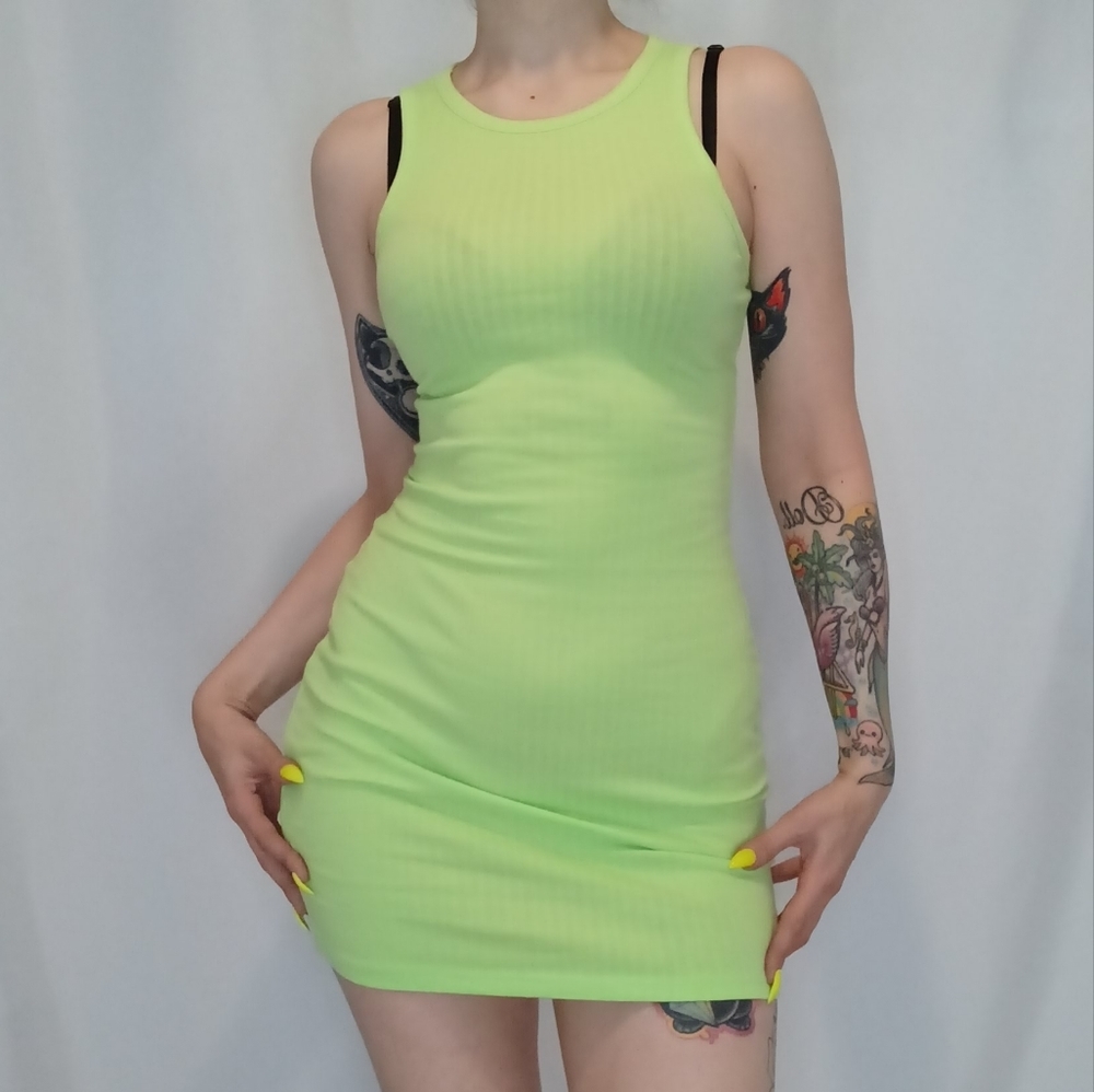 Pastel Neon Green Rib-knit Bodycon Dress.